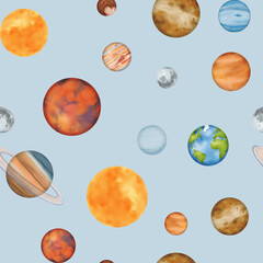 Seamless pattern The solar system. Mercury, Venus, Earth with its satellite, the Moon Mars, Jupiter, Saturn, Uranus, Neptune, and the dwarf planet Pluto. Blue background Watercolor © Mari Ka