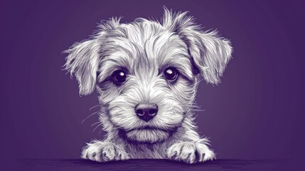  a close up of a dog's face on a purple background with a black and white drawing of a dog.