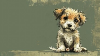  a small brown and white dog sitting on top of a cement floor next to a green wall and a painting of a dog with a sad look on it's face.