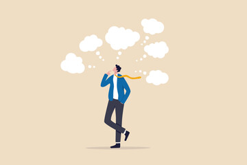 Too many thinking ideas, overwhelmed issues or busy problem to be solved, contemplation solutions for troble, concerned or anxiety concept, businessman thinking with many thinking bubbles.