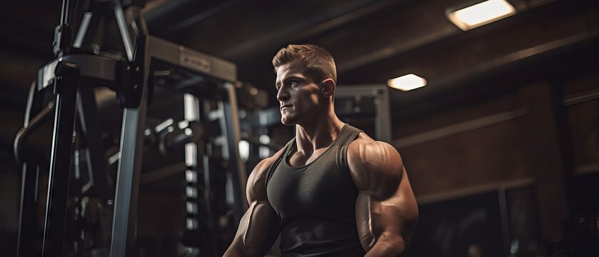 Bodybuilder lifting weights and flexing muscles in a modern gym