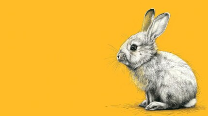  a black and white drawing of a rabbit on a yellow background with a black and white outline of a rabbit on a yellow background.