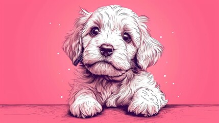  a white dog sitting on top of a wooden floor next to a pink background with a pink background and a black and white drawing of a dog.