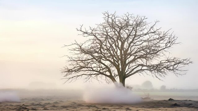 An old skeletal tree sitting alone in a field with a fog rolling by and the sound of cawing birds in the distance.