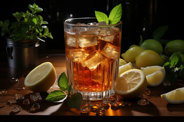 A glass of iced lemon tea on wooden table with dark background.