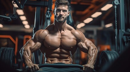 Fototapeta na wymiar Muscular bodybuilders exercising in gym - fitness and bodybuilding concept with athletic men pumping up muscles