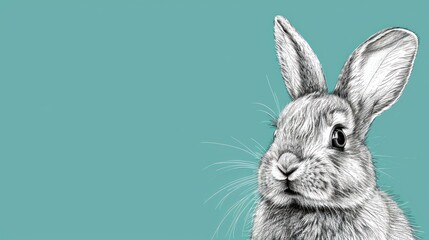  a black and white drawing of a rabbit's face on a teal background with a black outline of a rabbit's head.