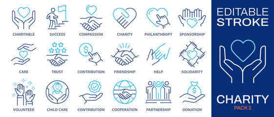 Charity icons, such as handshake, heart, donate, partnership, volunteer and more. Vector illustration isolated on white. Editable stroke.
