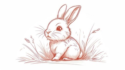  a drawing of a rabbit sitting in the grass with its head turned to look like it is looking at the camera.