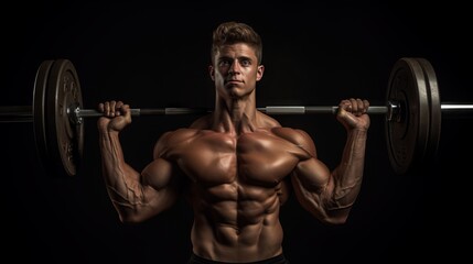 Close up of fit and strong male athlete exercising with dumbbells over the black background