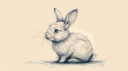  a black and white drawing of a rabbit sitting on the ground with its head turned to the side and eyes wide open.