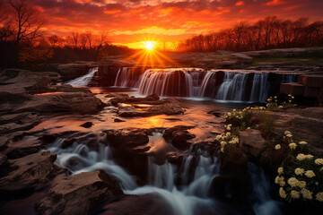 Beautiful landscape with sunset and waterfalls, surrounded by cherry blossom trees near Japan