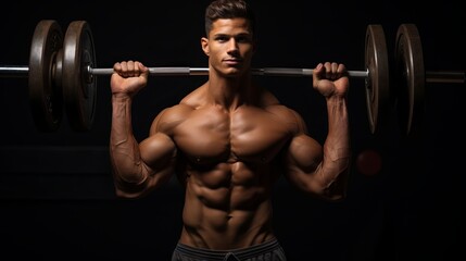 Naklejka premium Close up of fit and strong male athlete exercising with dumbbells over the black background