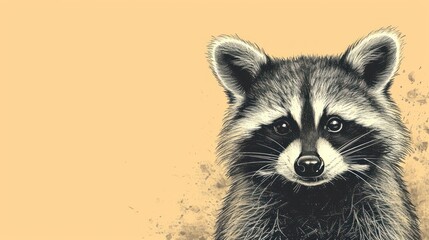  a close up of a raccoon's face on a yellow background with a black and white drawing of a raccoon.