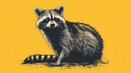  a raccoon on a yellow background with a black and white drawing of a raccoon on a yellow background.