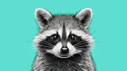 a close up of a raccoon's face on a teal background with a black and white outline.