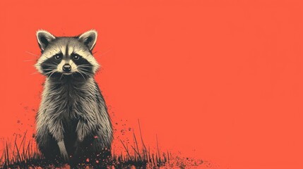  a painting of a raccoon sitting in a field of tall grass with a red sky in the background.