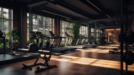 Modern and spacious gym with fitness equipment and copy space for your design