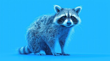  a raccoon standing in front of a blue background and looking at the camera with a blurry look on its face.