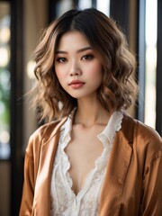 Portrait of beautiful asian women, short orange layer hair, tshirt model posing in white background, 