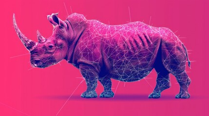  a rhinoceros standing in front of a pink background with lines in the shape of the rhinoceros.