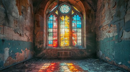 Old, stained glass window in a forgotten chapel, where the colors blend with dust and time, creating a somber mosaic. - obrazy, fototapety, plakaty