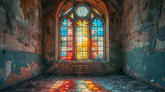 Old, stained glass window in a forgotten chapel, where the colors blend with dust and time, creating a somber mosaic.
