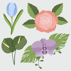 Vector set of multicolored clipart flowers and bouquets.