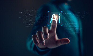 Technology and people concept man use AI to help work, AI Learning and Artificial Intelligence Concept. Business, modern technology, internet and networking concept. AI technology in everyday life.