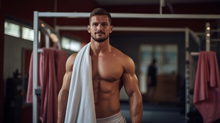 Fototapeta na wymiar Fit and attractive male athlete relaxing with towel around his neck after an intense workout session in a modern fitness center