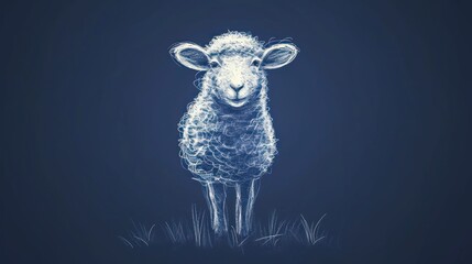  a drawing of a sheep standing on top of a grass covered field in front of a dark blue night sky.