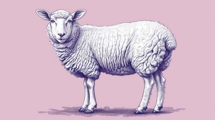  a drawing of a sheep standing on a pink background and looking at the camera with a serious look on its face.