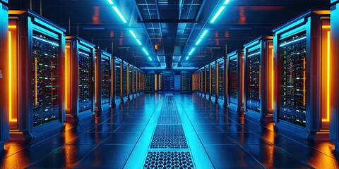 Futuristic data hub. High tech server room with advanced networking computing hardware and cutting edge technology ideal for illustrating backbone of digital infrastructure and information storage