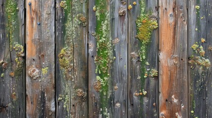 Sun-bleached wooden fence with streaks of green algae, capturing the dual forces of nature and time. - obrazy, fototapety, plakaty