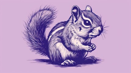  a drawing of a squirrel sitting on its hind legs with its front paws on it's chest, with a purple background.