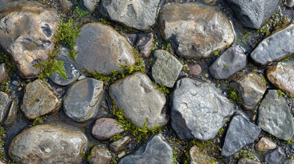 Fototapeta premium Smooth river stones with patches of algae and moss, contrasting natural textures and the growth patterns of organic matter.