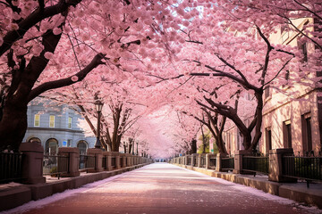 Cherry blossom landscape with trees and a pink look, spring awakening in Japan