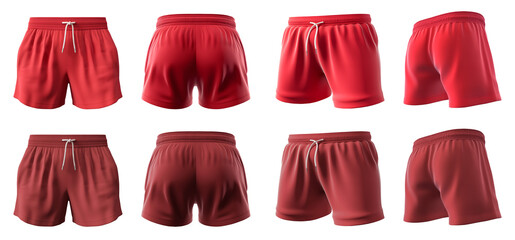 2 Set of cherry red maroon, unisex running sports shorts boxer bottom, front, back and side view on transparent background cutout, PNG file. Mockup template for artwork graphic design