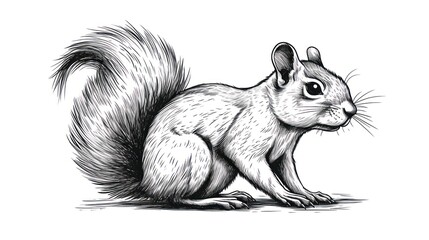  a black and white drawing of a squirrel sitting on the ground with its front paws on it's hind legs.