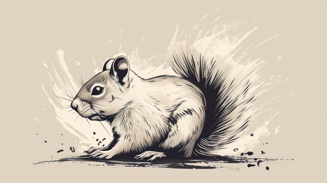  a black and white drawing of a squirrel on a beige background with a splash of paint on it's back.