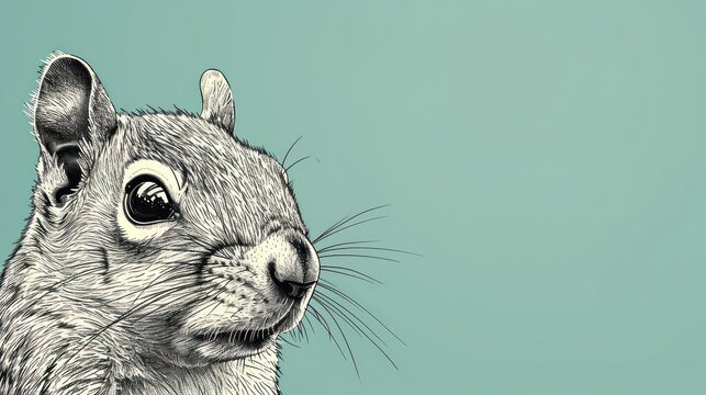  a close up of a squirrel's face on a blue background with a black and white drawing of a squirrel's face.