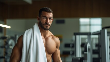 Fototapeta na wymiar Fit and attractive male athlete relaxing with towel around his neck after an intense workout session in a modern fitness center