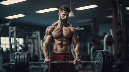 Fototapeta na wymiar Powerful fitness routine: muscular man bodybuilder training and posing with weights and barbell in the gym – active lifestyle and strength concept