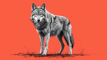  a black and white wolf standing on top of a grass covered field next to a bright red background with a black and white drawing of a wolf on it's face.