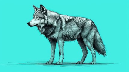  a drawing of a wolf standing in front of a teal background with a black and white line drawing of a wolf's head.