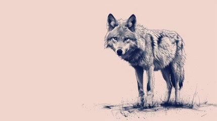  a black and white drawing of a wolf on a pink background with a black and white line drawing of a wolf.