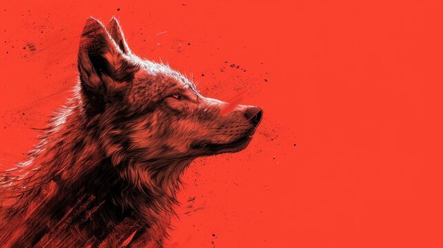  a close up of a dog's head on a red background with a black and white image of a wolf.