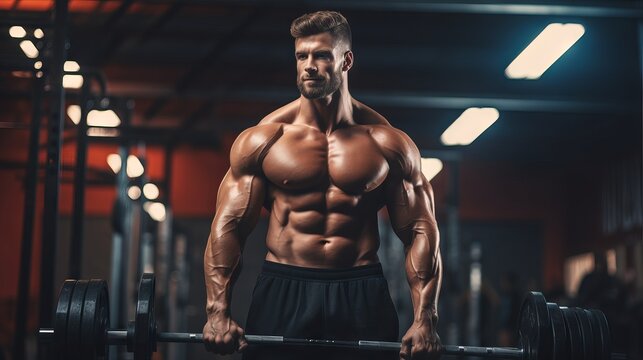Powerful fitness routine: muscular man bodybuilder training and posing with weights and barbell in the gym – active lifestyle and strength concept