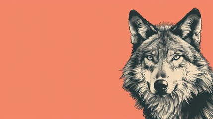  a black and white drawing of a wolf's face on an orange background with a black and white line drawing of a wolf's head.
