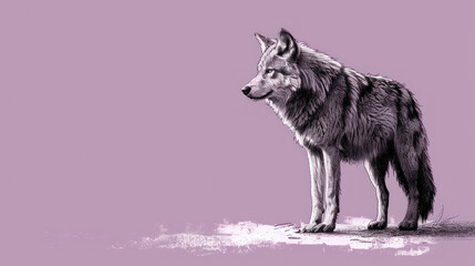  a drawing of a wolf standing on top of a snow covered ground in front of a light purple colored background.